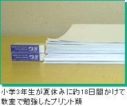 小学3年生が夏休みに約18日間かけて教室で勉強したプリント類